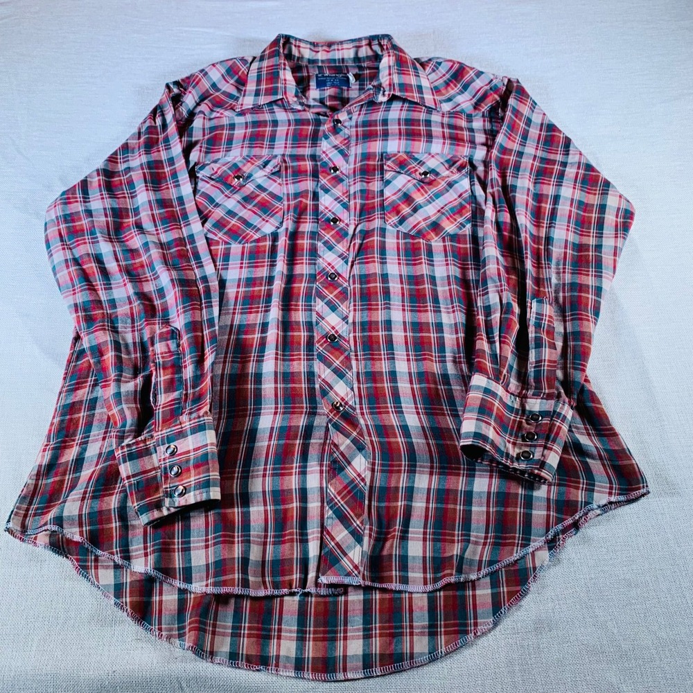 Wrangler Men's Plaid Long Tails Western Black‎ Snap Shirt Red Green